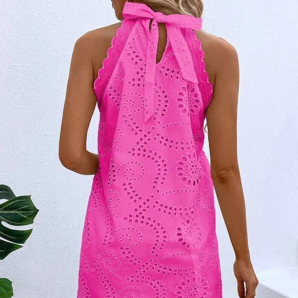 Pink Boho Womens Eyelet Embroidery Scallop Trim Halter Neck Dress - Picture 2 of 5